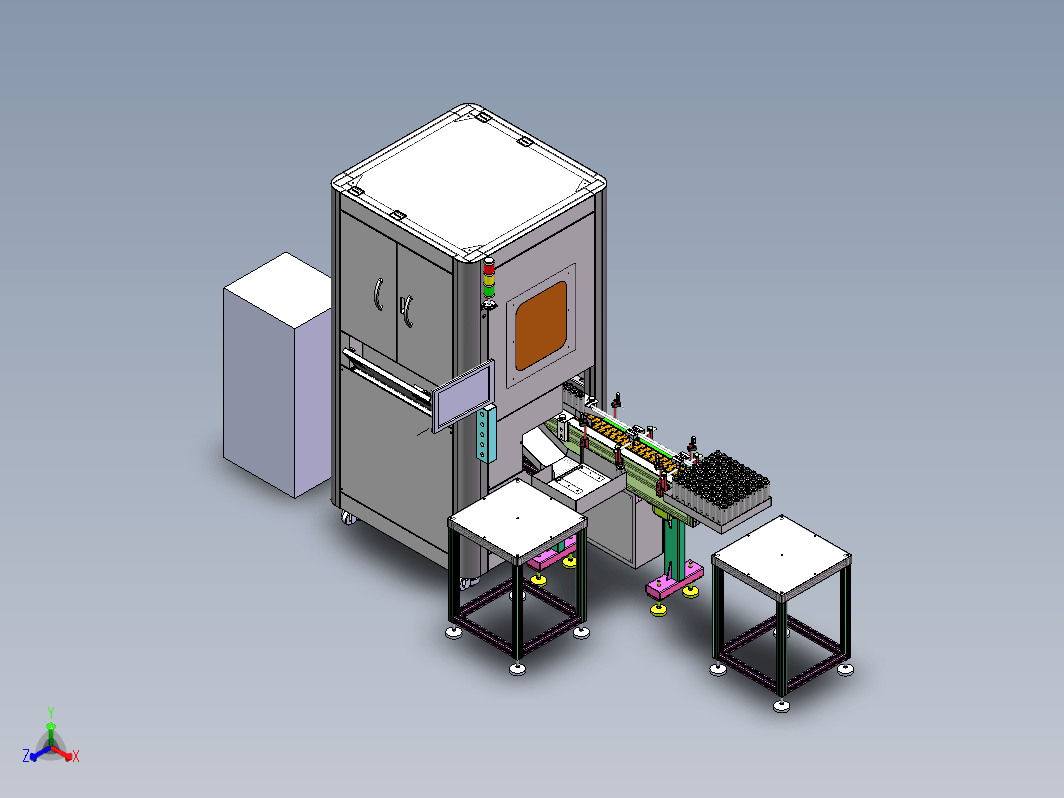 激光打印塑料二维码设备，外形用型材整体设计，并配有四轴机械手