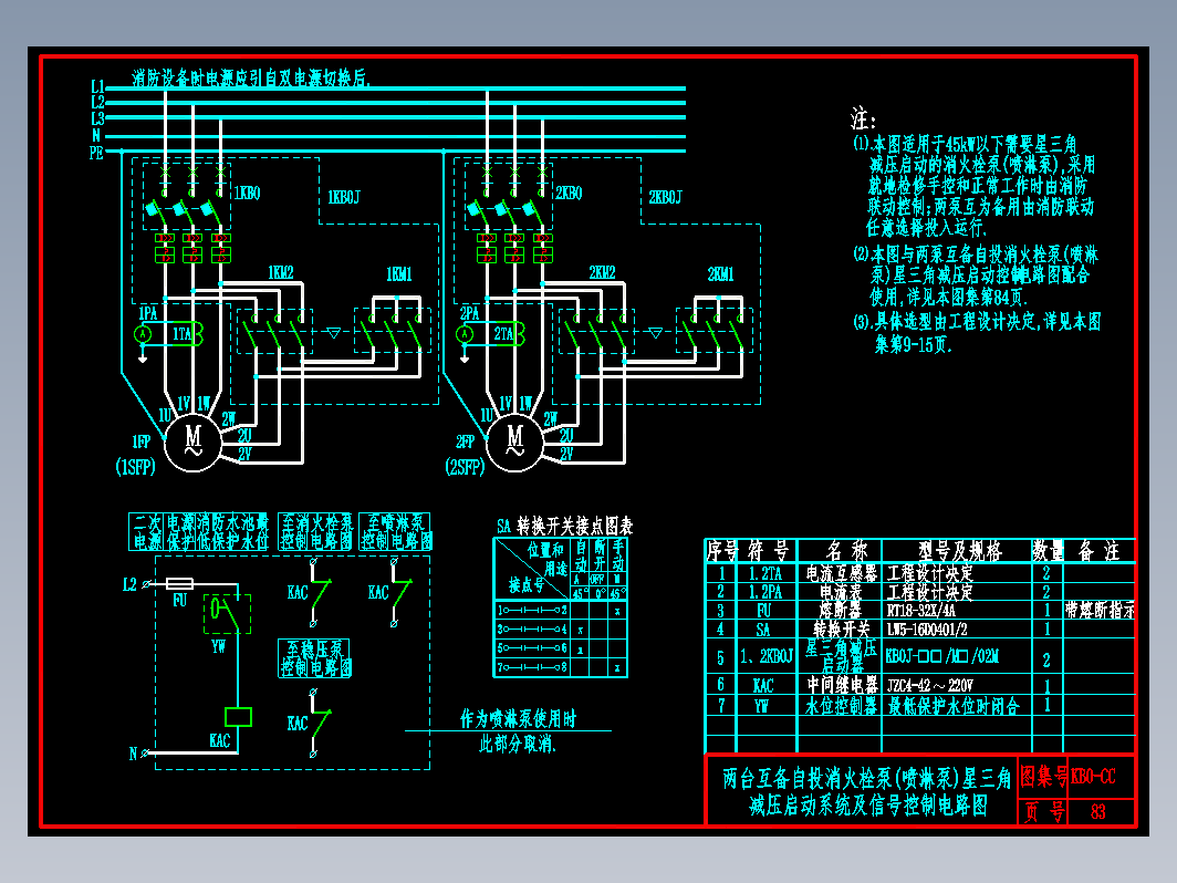 KB0-CC-83两台互备自投消火栓泵或喷淋泵星三角减压启动控制电路