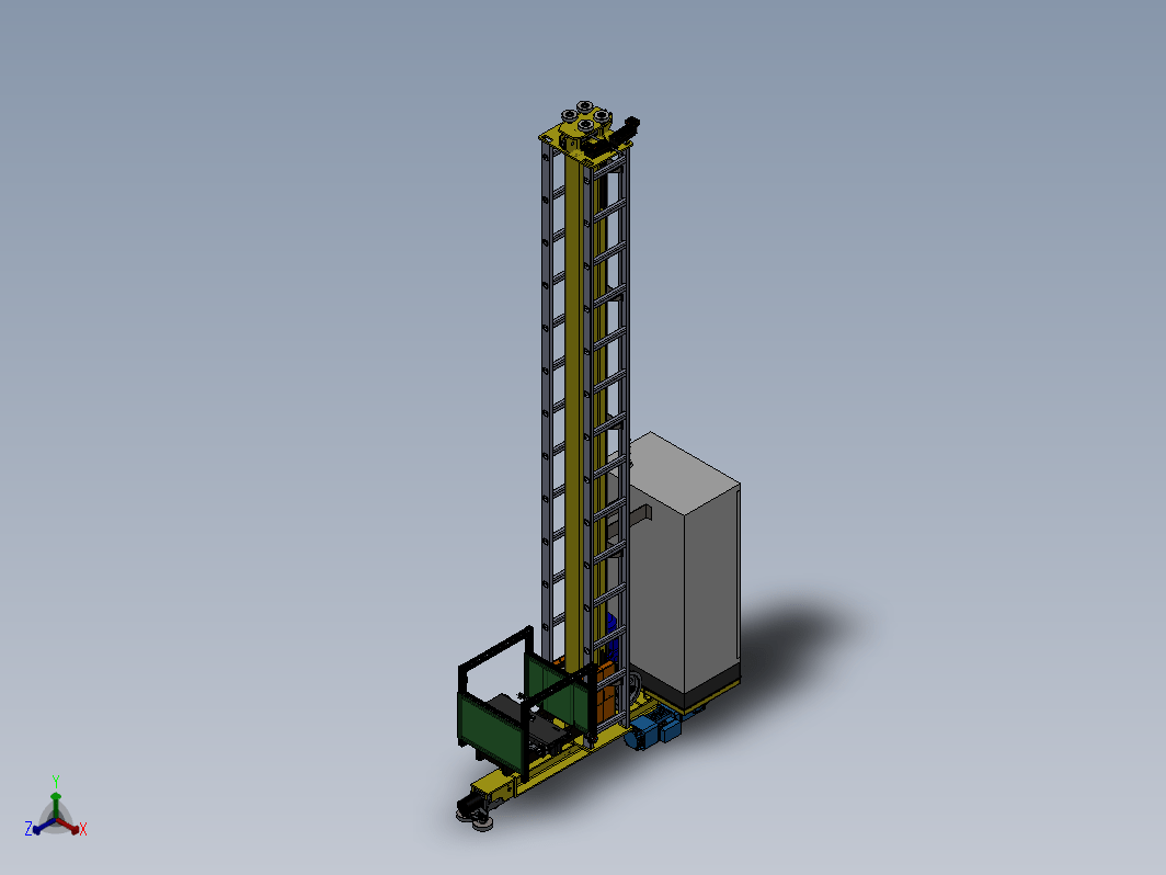 料箱立体仓库结构复杂，包含货架、AGV,托盘、堆垛机、输送机、配套设施等