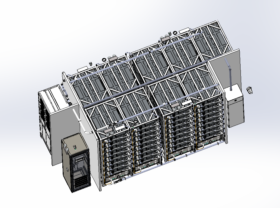 储能液冷集装箱机柜系统,含液冷电池，底液冷板及内部电池设计，电池架，动力线，连接器，外部整体液冷管路，消防主机，汇流柜，泄压阀