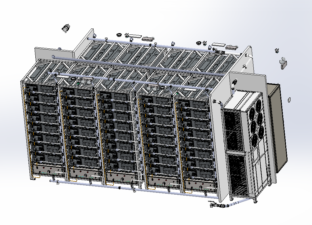 储能液冷集装箱机柜系统,含液冷电池，底液冷板及内部电池设计，电池架，动力线，连接器，外部整体液冷管路，消防主机，汇流柜，泄压阀