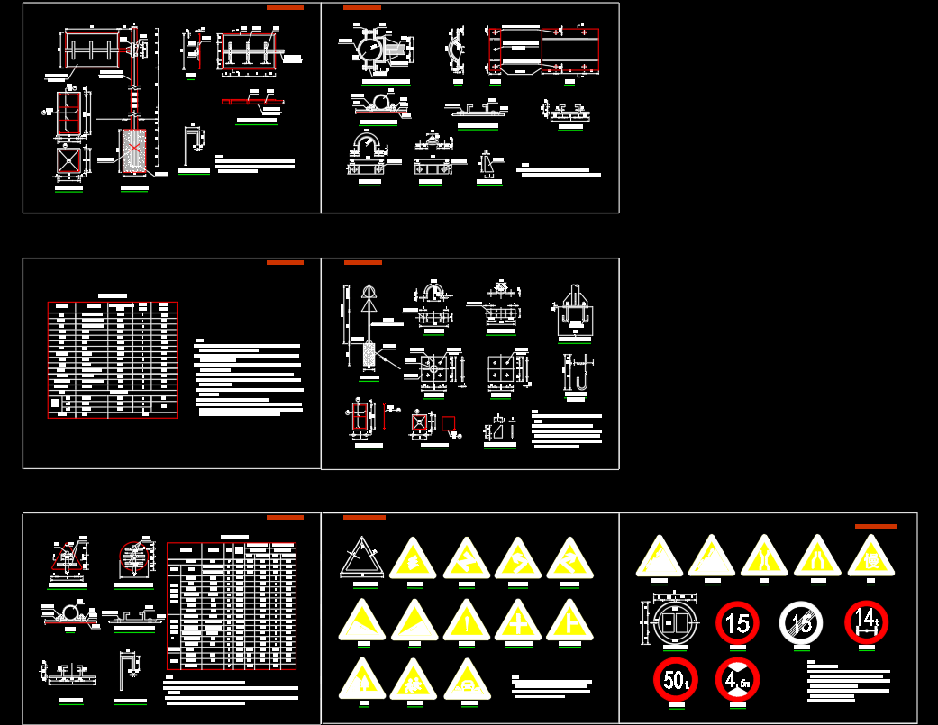 单悬臂交通标志构造详图CAD图纸标志立面示意图、基础钢筋构造图、铝槽板与标志板连接图、抱箍底衬大样图，单圆柱标志构造图