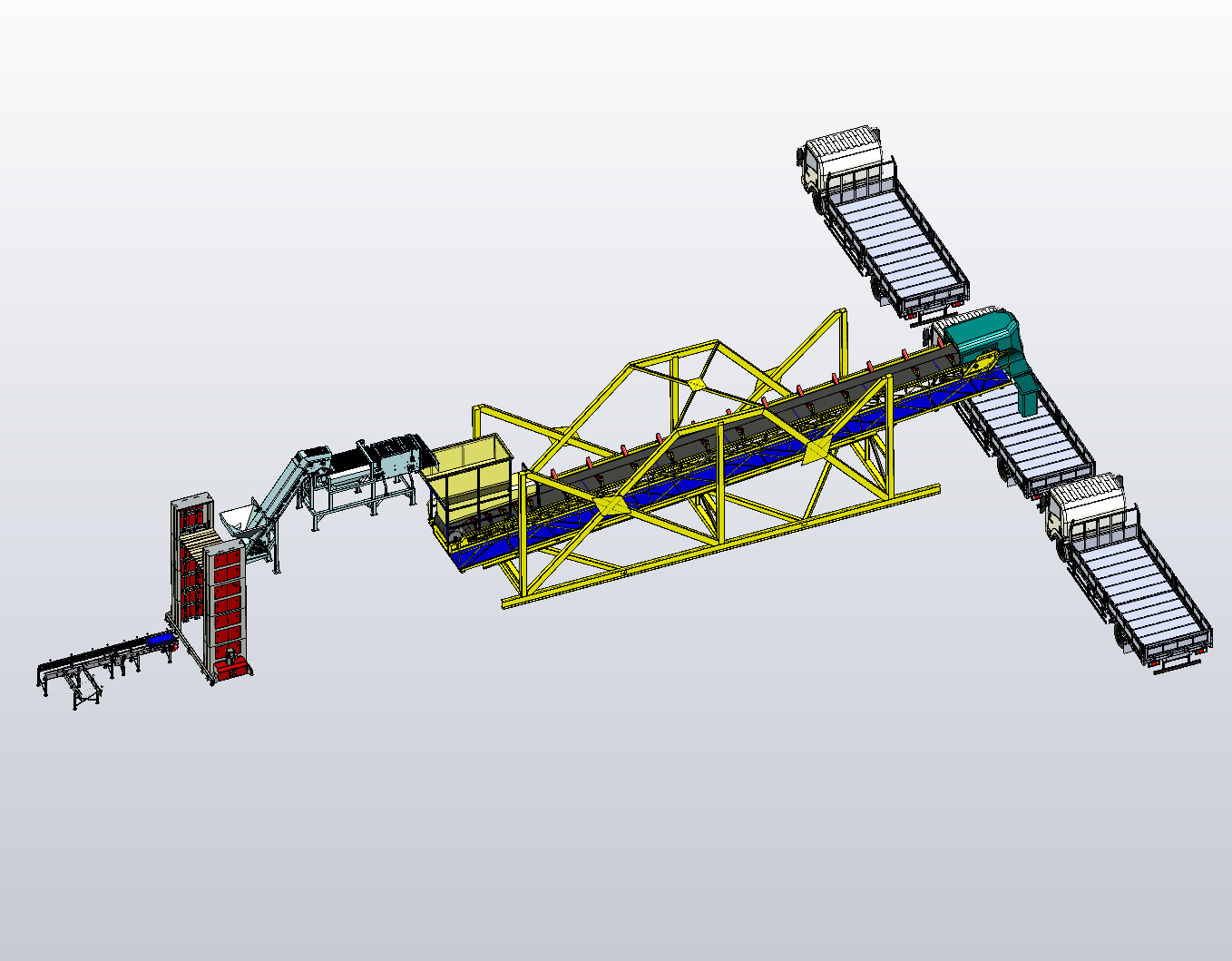 大宗货物装卸输送系统，可应用于港口或大型仓库的散货（如粮食、矿石）装卸场景