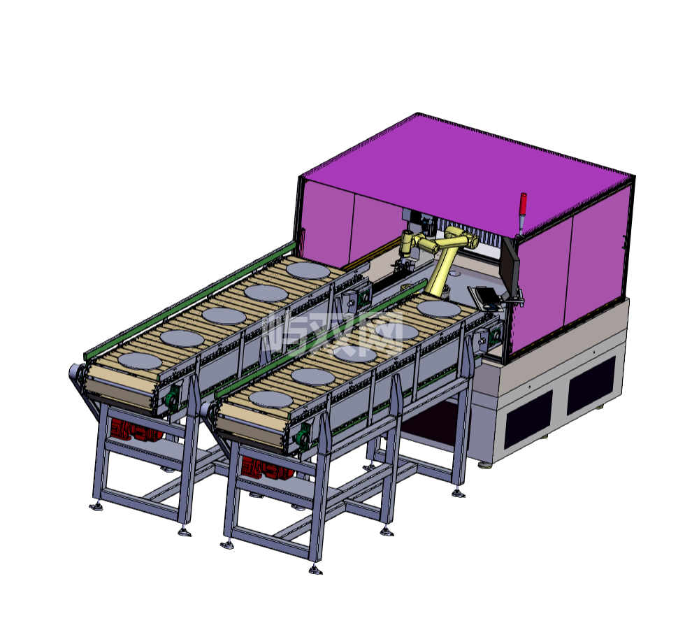 自动上下料搬运龙门缺陷检测，通过板链链条输送机输送物料到机械手搬运